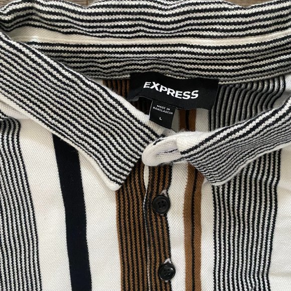 Express Men’s Vertical Stripe Polo Shirt Brown Black White Collared Short Sleeve - Picture 3 of 4